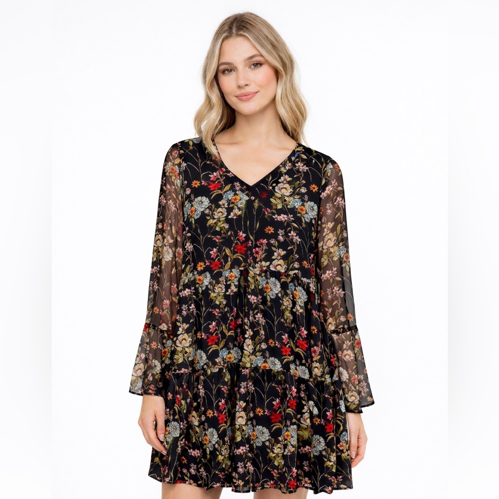 Altar’d State Floral Babydoll Mini Dress Sheer Bell Sleeve Tiered Boho Small